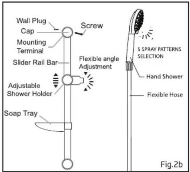 Wall Plug Cap Mounting Terminal Slider Rail Bar Screw Flexible angle Adjustment Adjustable Shower Holder Soap Tray 5 SPRAY PATTERNS SELECTION Hand Shower Flexible Hose Fig.2b