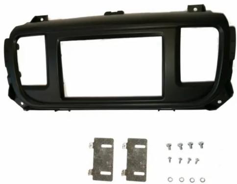 Exterior view of a black automotive dashboard frame with two metal bracket components and four small screw fasteners (no text or symbols visible)