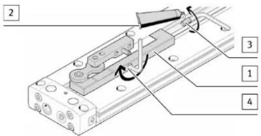 Technical diagram of a mechanical assembly with numbered components and directional arrows indicating motion or movement.