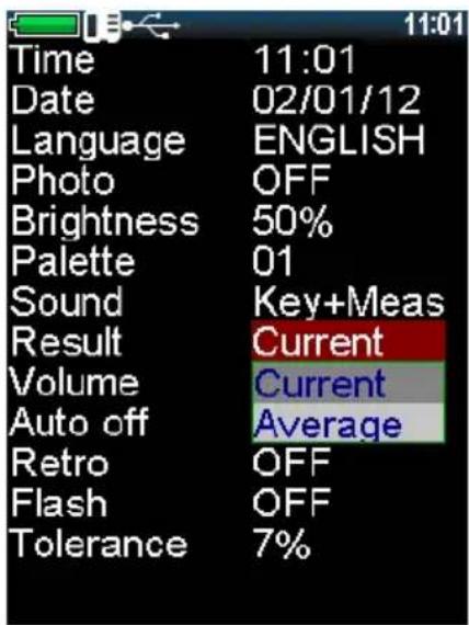 11:01 Time 11:01 Date 02/01/12 Language ENGLISH Photo OFF Brightness 50% Palette 01 Sound Key+Meas Result Current Volume Current Auto off Average Retro OFF Flash OFF Tolerance 7%