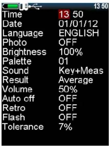 Time 13 50 Date 01/01/12 Language ENGLISH Photo OFF Brightness 100% Palette 01 Sound Key+Meas Result Average Volume 50% Auto off OFF Retro OFF Flash OFF Tolerance 7%