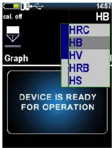 cal. off Graph HB HRC HB HV HRB HS DEVICE IS READY FOR OPERATION