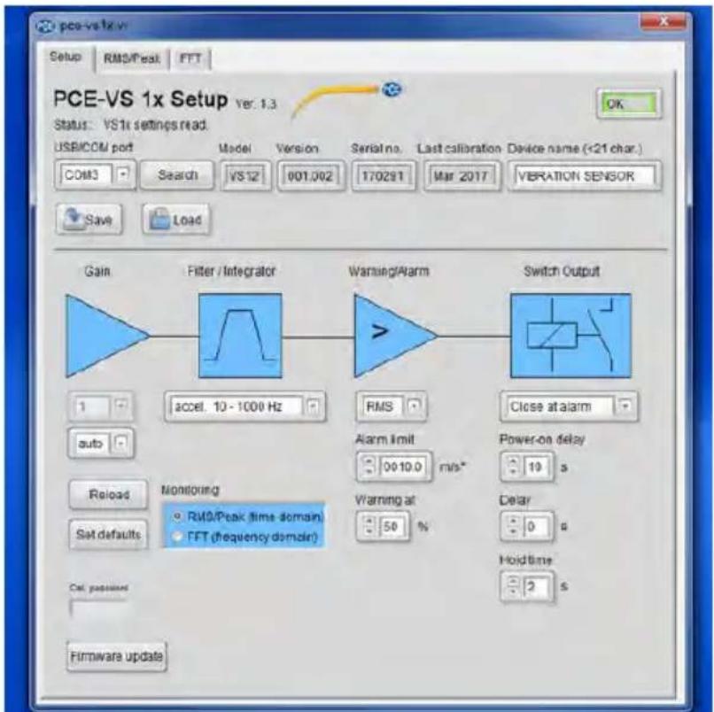 pce-vs1x.vr Setup RM3/Peak FFT PCE-VS 1x Setup Ver. 1.3 Status: VS1x settings read. USBICOM/ pod Model Version Serial no. Last calibration Device name (<21 char.) COM3 Search VS12 001,002 170291 Mar 2017 VITERATION SENSOR Save Load Gain Filter / Integrator Warning/Alarm Switch Output 1 accel. 10 - 1000 Hz RMS Close at alarm auto Alarm limit Power-on delay 10 s Reload Monitoring RM3/Peak time domain Warning at Delay Set defaults FFT (frequency domain) % 50 % 0 s Hold time 2 s Cell pulses Firmware update
