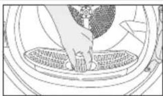 Line drawing of a hand pressing down on a circular object with mesh patterns (no text or symbols)