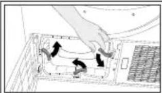 Diagram of a hand pressing down an air conditioner cover with arrows indicating airflow direction (no text or symbols)