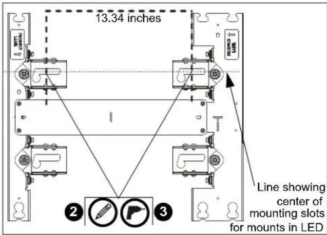 13.34 inches Line showing center of mounting slots for mounts in LED ② ⏚️️ ⏚️️ ⏚️ ③