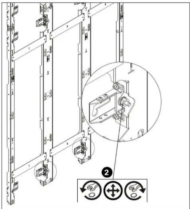 Technical diagram showing assembly of server racks with labeled components and a circular inset view highlighting internal mechanical assembly.