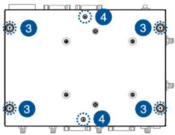 Diagram showing a rectangular layout with numbered blue circles and gray circular elements, possibly indicating positions or zones.