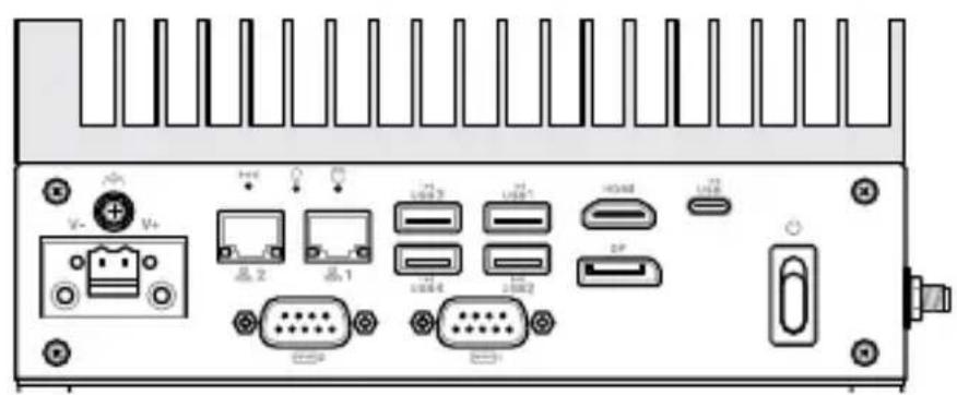 Diagram of a computer rear panel with labeled ports and connectors, including USB port, USB drive, and I/O ports.