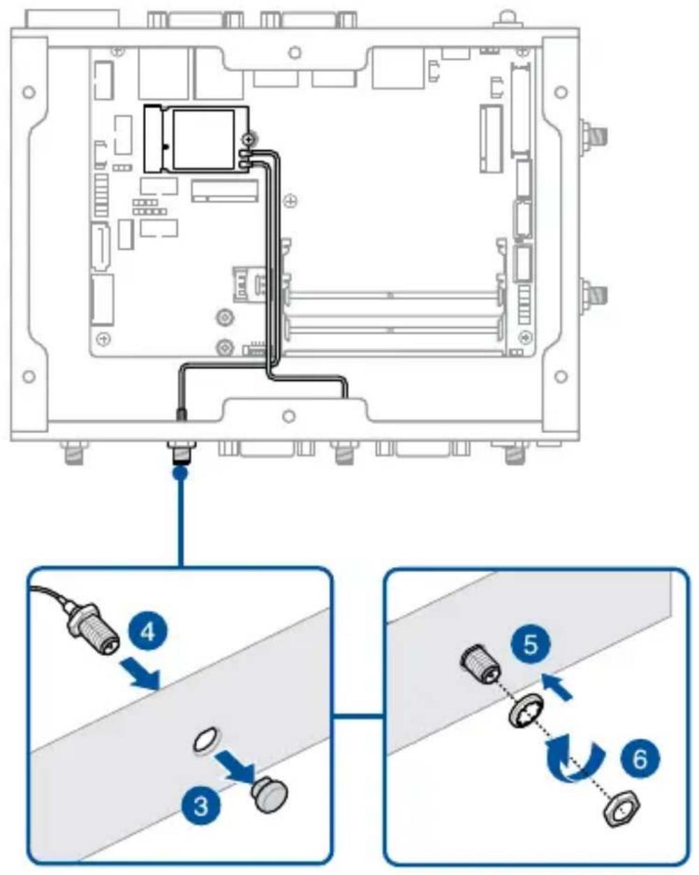 Diagram showing cable connection to a device with numbered steps and component labels