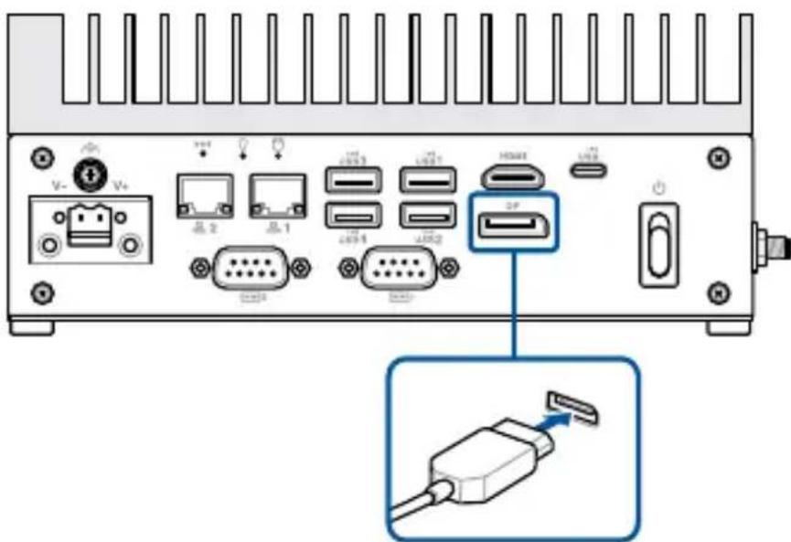Diagram of a computer rear panel with labeled ports and connectors, including a zoomed-in cable connector detail.