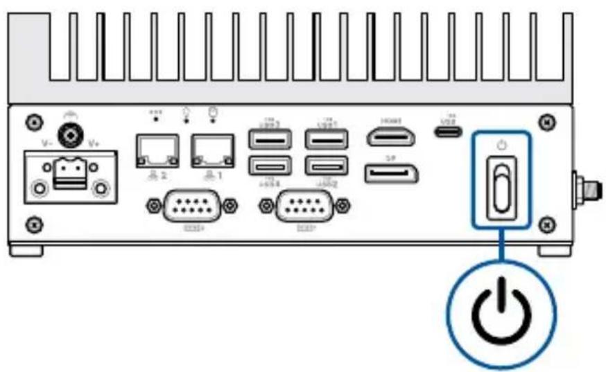 Diagram of a computer rear panel with labeled ports and an orange button indicating power input.