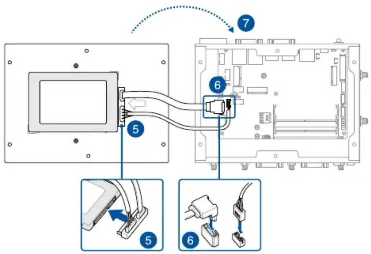 Diagram showing cable connection to internal components with numbered annotations and component views