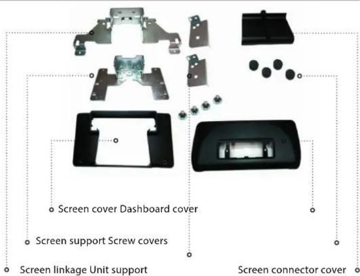 Screen cover Dashboard cover Screen support Screw covers Screen linkage Unit support Screen connector cover