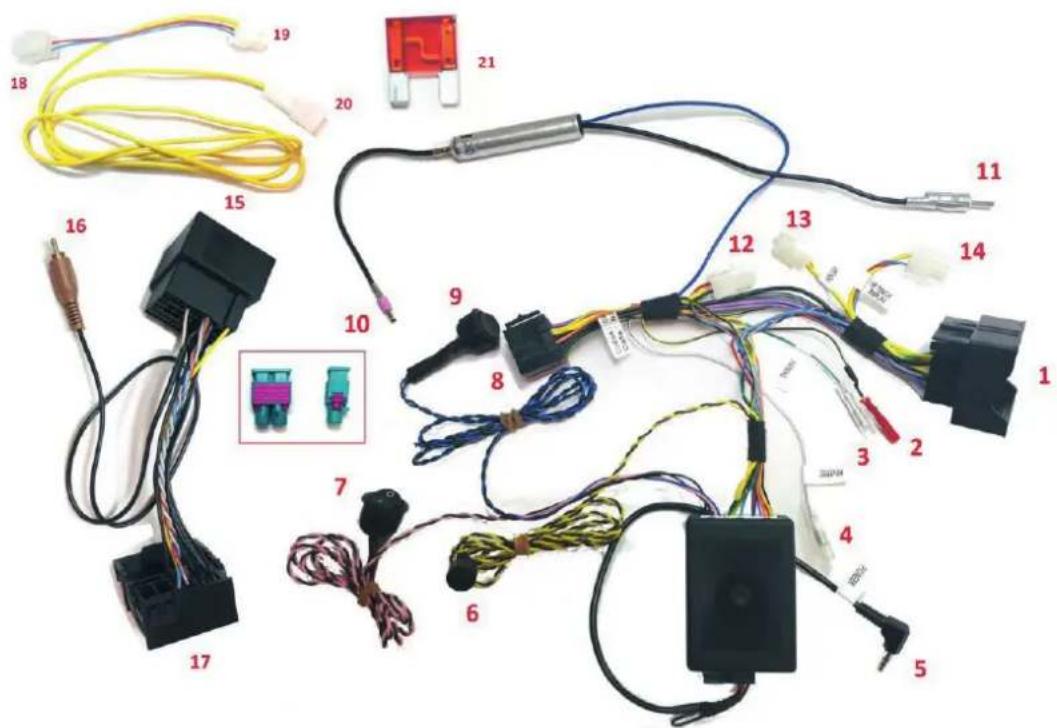 Labeled diagram of automotive electrical connector components with numbered parts and connectors