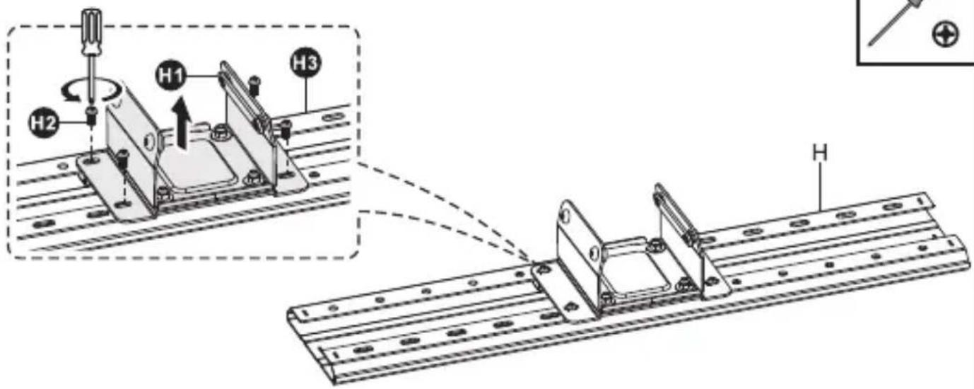 Technical diagram showing mechanical assembly with labeled components H1, H2, H3 and a magnified view of the assembly.