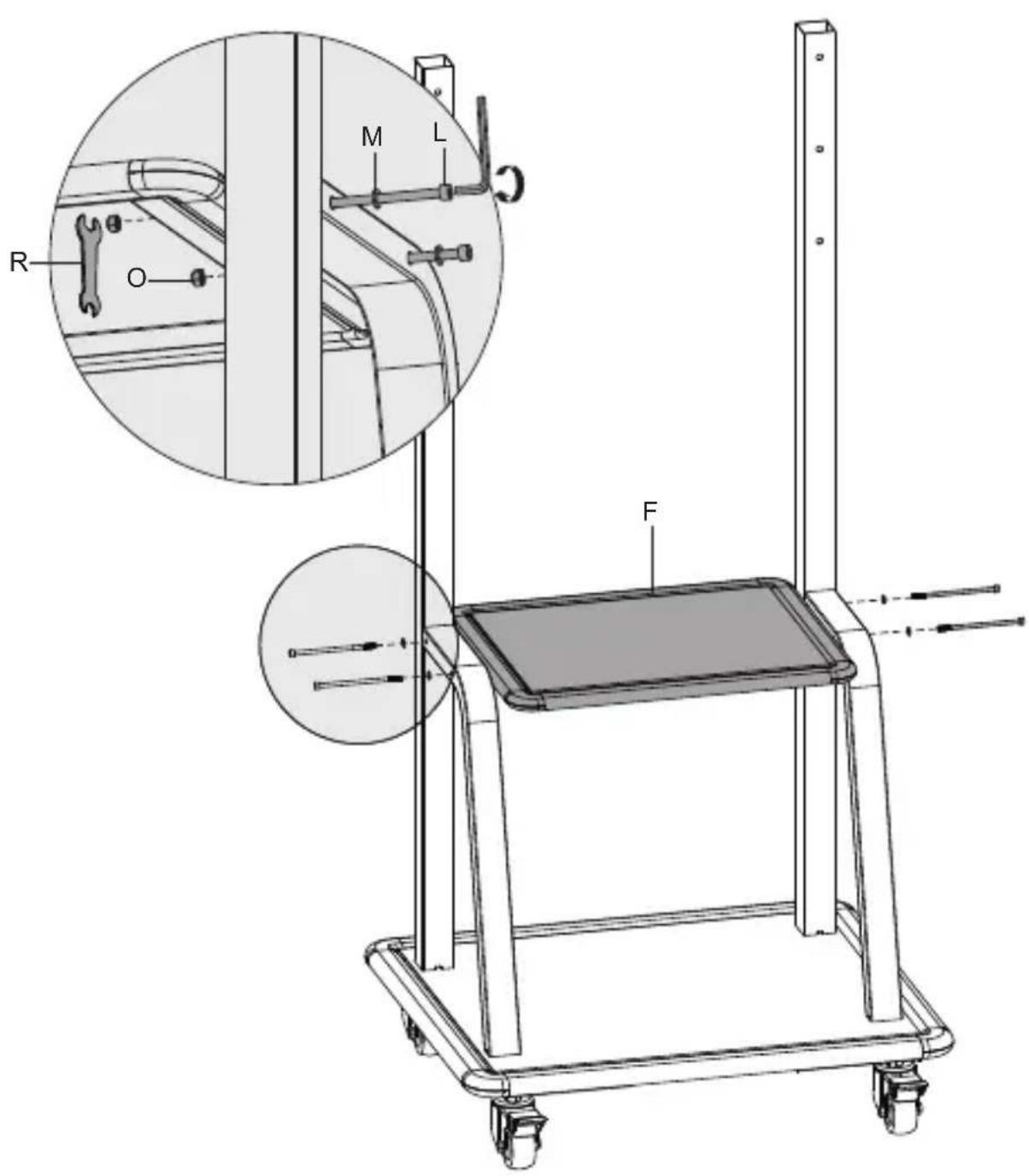 Technical diagram of a mechanical device with labeled parts (M, L, R, O, F) and an inset showing a close-up view of a mechanical component.