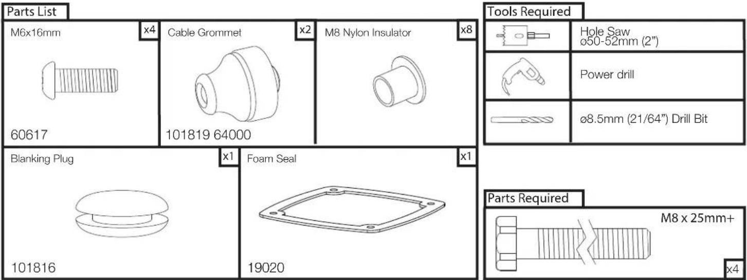 Parts List M6x16mm x4 Cable Grommet x2 M8 Nylon Insulator x8 Tools Required Hole Saw ø50-52mm (2") Power drill ø8.5mm (21/64") Drill Bit Blanking Plug x1 Foam Seal x1 Parts Required M8 x 25mm+ x4