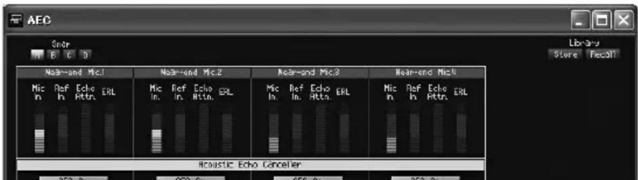 AEC Snor B C D Library Store Recall Near-end Mic1 Near-end Mic2 Near-end Mic3 Near-end Mic4 Mic In Ref In Echo Attn. ERL Mic In Ref In Echo Attn. ERL Mic In Ref In Echo Attn. ERL Mic In Ref In Echo Attn. ERL Acoustic Echo Canceler
