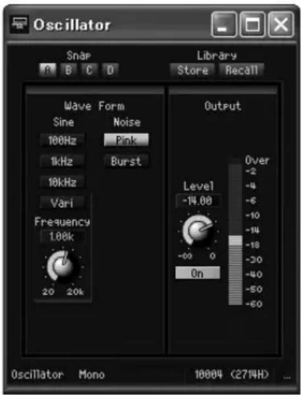 Oscillator Snap Library Store Recall Wave Form Sine Noise 100Hz Pink 1kHz Burst 10kHz Vari Frequency 1.08k 20 20k Output Level -14.00 Over -2 -4 -6 -10 -14 -18 -30 -40 -50 -60 Oscillator Mono 10004 (2714H) ...