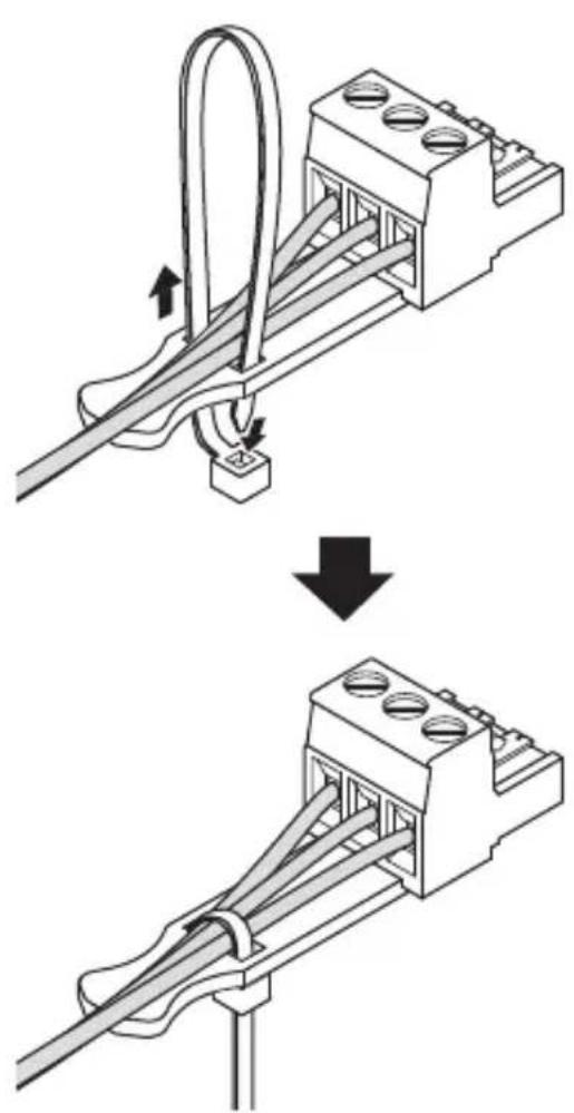 Diagram illustrating cable connection steps with labeled components and directional arrows indicating movement