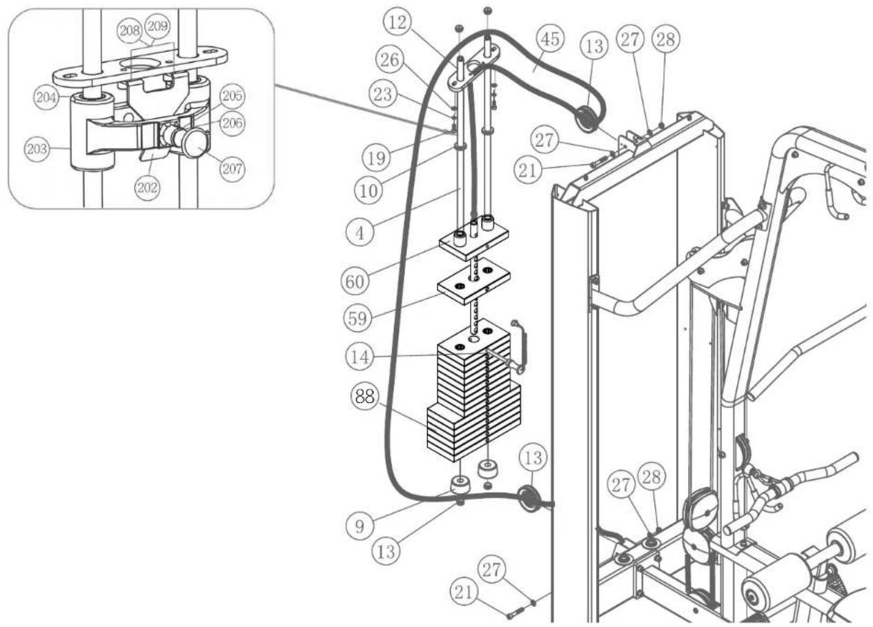Technical diagram of a mechanical device with numbered components and an inset view of a mechanical assembly.