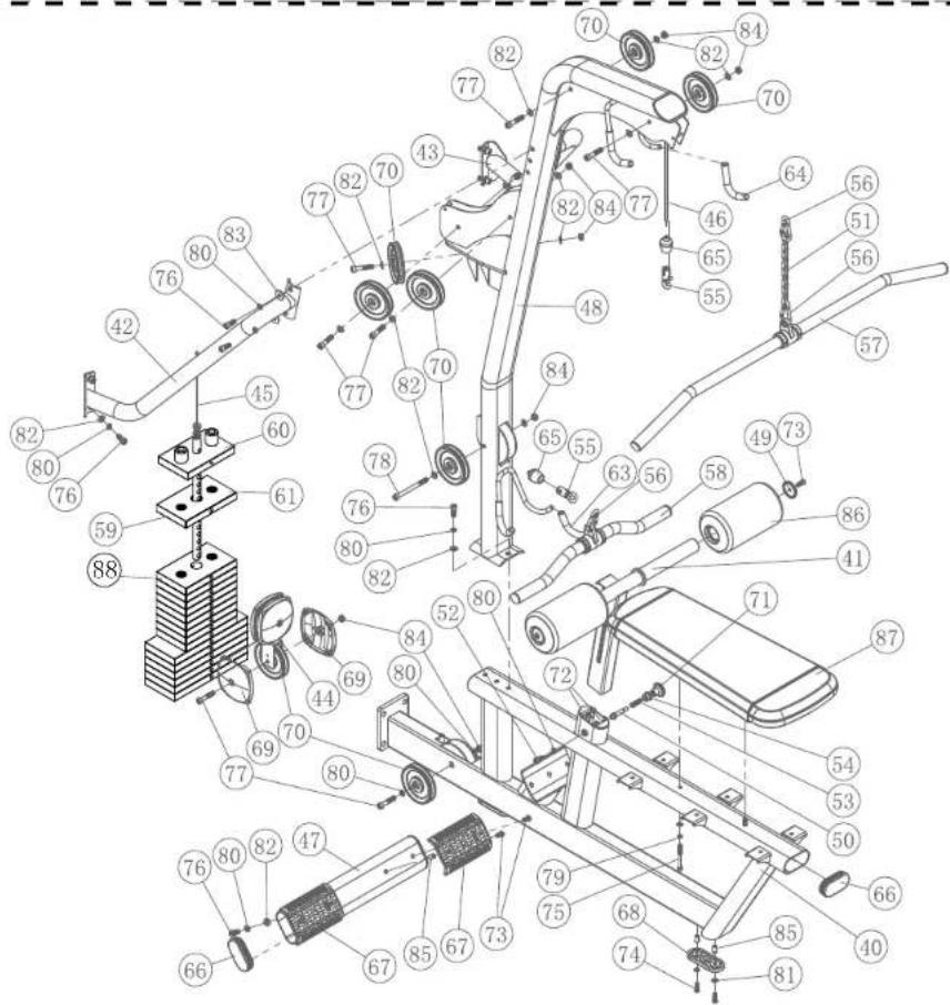 Technical diagram of a mechanical exercise machine with numbered components and labeled parts