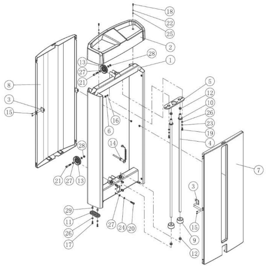 Technical diagram of a refrigerator internal structure with numbered components for identification