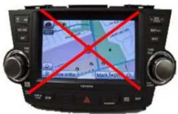 Car dashboard display showing navigation menu with red X marks and location icons, no readable text or symbols beyond UI elements
