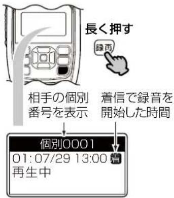 長く押す 録再 相手の個別 着信で録音を 番号を表示 開始した時間 個別0001 01:07/29 13:00 増 再生中