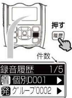 押す 履歴 件数 録音履歴 1/5 着個別0001 ▶ 発グループ0002 ▶