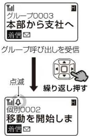 グループ0003 本部から支社へ 着信 グループ呼び出しを受信 点滅 繰り返し押す 個別0002 移動を開始しま 着信