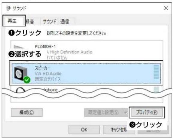 サウンド 再生 录音 サウンド 通信 ①クリック 設置してその設定を変更してください: PL2430H-1 High Definition Audio れていません ②選択する スピーカー VIA HD Audio 既定のデバイス iphone 構成(C) 既定値に設定(S) プロパティ(P) ③クリック OK キャンセル
