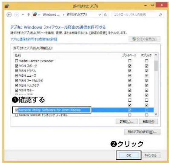 許可されたアプリ アプリに Windows ファイアウォール経由の通信を許可する 許可されたアプリおよびポートを追加、需要、または解除するには、[設定の需要]をクリックします。 アプリに通信を許可する可能性の詳細 許可されたアプリおよび機能(A): 名称 プライベート パソコン □ Media Center Extender □ □ ☑ MSN スポーツ ☑ ☑ ☑ MSN ドラベル ☑ ☑ ☑ MSN ユニース ☑ ☑ ☑ MSN フード&レンジ ☑ ☑ ☑ MSN ヘルスケア ☑ ☑ ☑ MSN マネー ☑ ☑ ①確認する ☑ Remote Utility Software for 12cm Radios ☑ □ ☐ Secure socket トンネリング ノリドル □ □ 詳細(L)... 削除(R) 始動アプリの許可(E)... ②クリック OK キャンセル