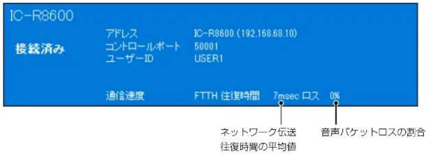 IC-R8600 接続済み アドレス IC-R8600 (192.168.68.10) ゴントロールポート 50001 ユーザーID USER1 通信速度 FTTH 往復時間 7msec ロス 0% ネットワーク伝送 往復時間の平均値 音声パケットロスの割合