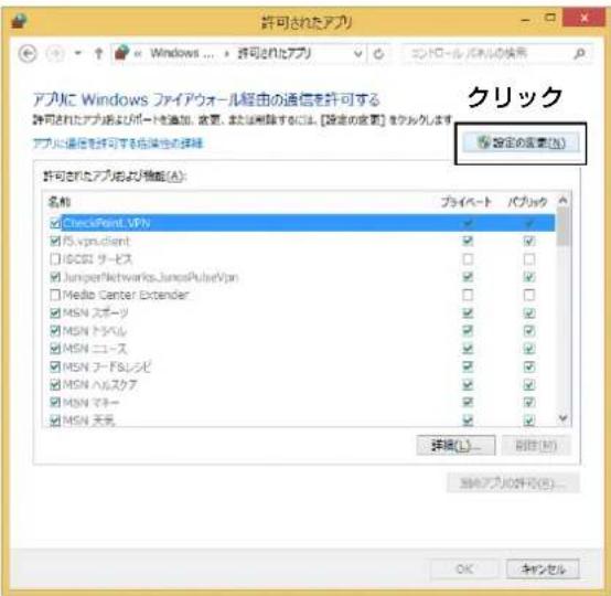 許可されたアプリ Windows ... 許可されたアプリ アプリに Windows ファイアウォール経由の通信を許可する 許可されたアプリおよびポートを追加、放置、または除するには、[設定の改善] をクロルします アプリに通信を許可する在属性の詳細 許可されたアプリおよび機能(A): 名称 プライベート パソコン CheckPoint.VPN ✓ ✓ F5.vpn.client ✓ ✓ IGCDI サービス □ □ JuniperNetworks.JunctionPulseVpn ✓ ✓ Media Center Extender □ □ MSN スポーツ ✓ ✓ MSN ドラベル ✓ ✓ MSN コース ✓ ✓ MSN フード&レンピ ✓ ✓ MSN ヘルスクア ✓ ✓ MSN マネー ✓ ✓ MSN 天気 ✓ ✓ 確認(L)... 副除(R) 当該アプリの許可(R)... OK キャンセル