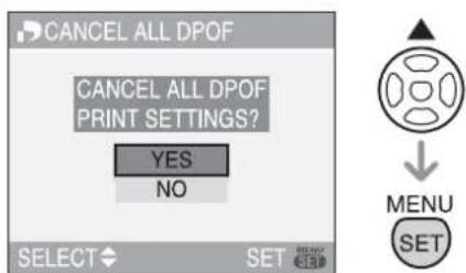 CANCEL ALL DPOF CANCEL ALL DPOF PRINT SETTINGS? YES NO SELECT SET MENU SET