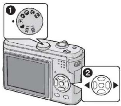 Diagram of a digital camera with labeled parts showing dial and scroll controls