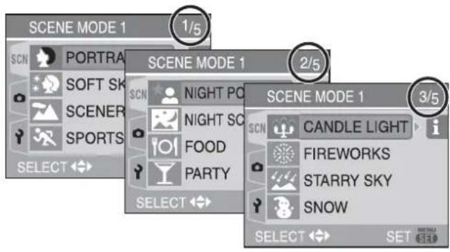 SCENE MODE 1 1/5 SCN PORTRA SOFT SK SCENER SPORTS SELECT ↻ SCENE MODE 1 2/5 SCN NIGHT PO NIGHT SO FOOD PARTY SELECT ↻ SCENE MODE 1 3/5 SCN CANDLE LIGHT FIREWORKS STARRY SKY SNOW SELECT ↻ SET Ⓝ7000 SET