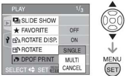 PLAY 1/3 SLIDE SHOW FAVORITE OFF A ROTATE DISP. ON ROTATE SINGLE DPOF PRINT MULTI SELECT SET CANCEL MENU SET