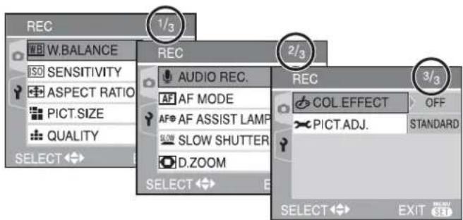 REC 1/3 W.BALANCE ISO SENSITIVITY ASPECT RATIO PICT.SIZE QUALITY SELECT REC AUDIO REC. AF AF MODE AF AF ASSIST LAMP SLOW SHUTTER D.ZOOM SELECT REC COL.EFFECT OFF PICT.ADJ. STANDARD 3/3 SELECT EXIT