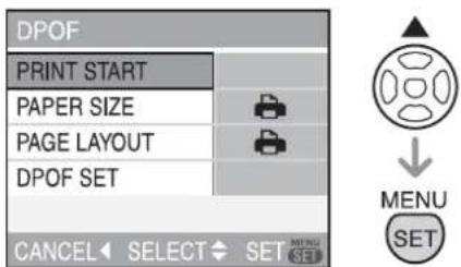 DPOF PRINT START PAPER SIZE PAGE LAYOUT DPOF SET CANCEL SELECT SET MENU SET
