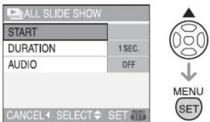ALL SLIDE SHOW START DURATION 1 SEC. AUDIO OFF CANCEL SELECT SET MENU SET