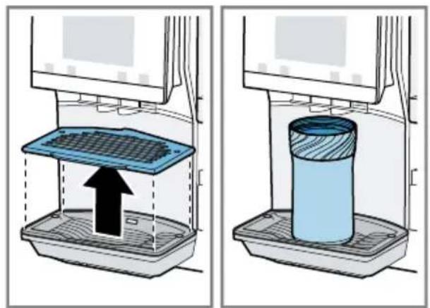 Two-step diagram showing a device with a mesh chamber and a blue cylindrical container, both without any text or symbols.