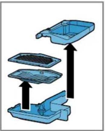 Diagram of a blue plastic container with three internal compartments and an upward arrow indicating flow or assembly, without any text or symbols.
