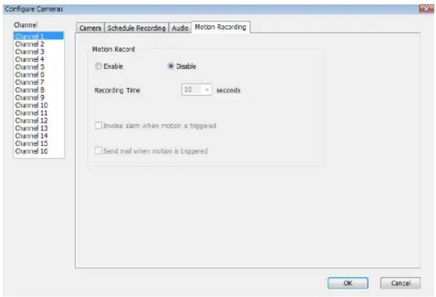 Configure Cameras Channel Channel 1 Channel 2 Channel 3 Channel 4 Channel 5 Channel 6 Channel 7 Channel 8 Channel 9 Channel 10 Channel 11 Channel 12 Channel 13 Channel 14 Channel 15 Channel 16 Camera Schedule Recording Audio Motion Recording Motion Record Enable Disable Recording Time 10 seconds Invoke alarm when motion is triggered Send mail when motion is triggered OK Cancel