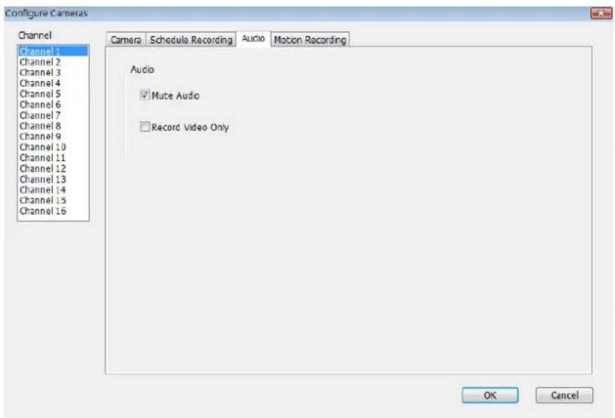 Configure Cameras Channel Channel 1 Channel 2 Channel 3 Channel 4 Channel 5 Channel 6 Channel 7 Channel 8 Channel 9 Channel 10 Channel 11 Channel 12 Channel 13 Channel 14 Channel 15 Channel 16 Camera Schedule Recording Audio Motion Recording Audio Mute Audio Record Video Only OK Cancel