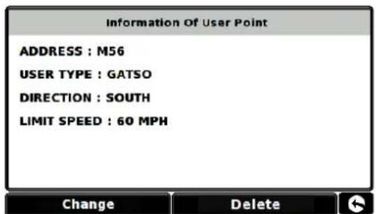 Information Of User Point ADDRESS : M56 USER TYPE : GATSO DIRECTION : SOUTH LIMIT SPEED : 60 MPH Change Delete