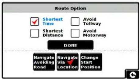 Route Option Shortest Time Avoid Tollway Shortest Distance Avoid Motorway DONE Navigate Avoiding Road Navigate Via Location Change Start Position
