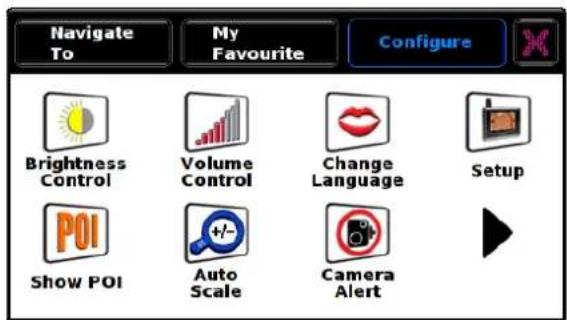 Navigate To My Favourite Configure Brightness Control Volume Control Change Language Setup POI Show POI Auto Scale Camera Alert
